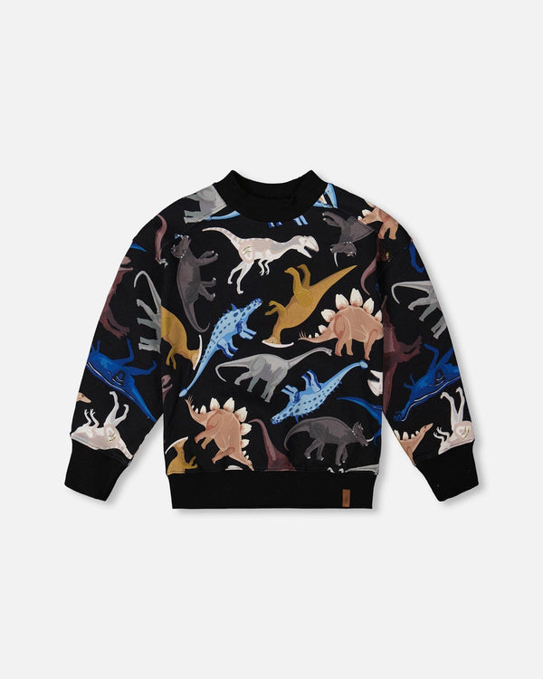 Pullover Fleece Sweatshirt Black Dinosaur Print - H20U32_026