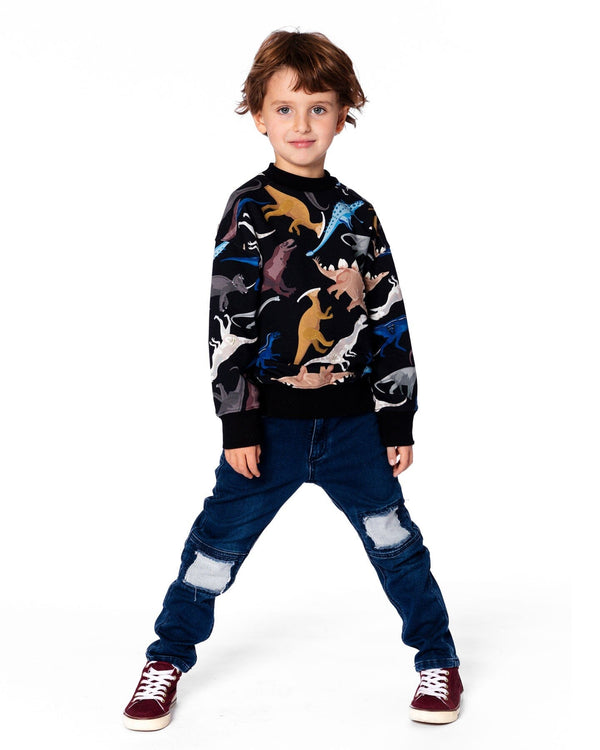 Pullover Fleece Sweatshirt Black Dinosaur Print - H20U32_026
