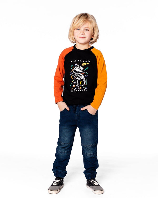 Black Long Sleeve Raglan T-Shirt With Glow-In-The-Dark Dinosaur Print - H20U70_999