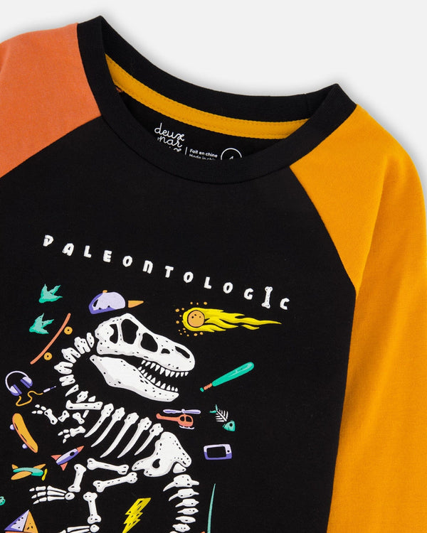 Black Long Sleeve Raglan T-Shirt With Glow-In-The-Dark Dinosaur Print - H20U70_999