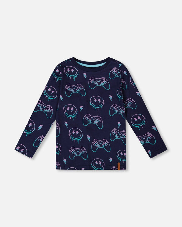 Long Sleeve Organic Cotton Allover Print Tee Navy Blue - H20U71_481