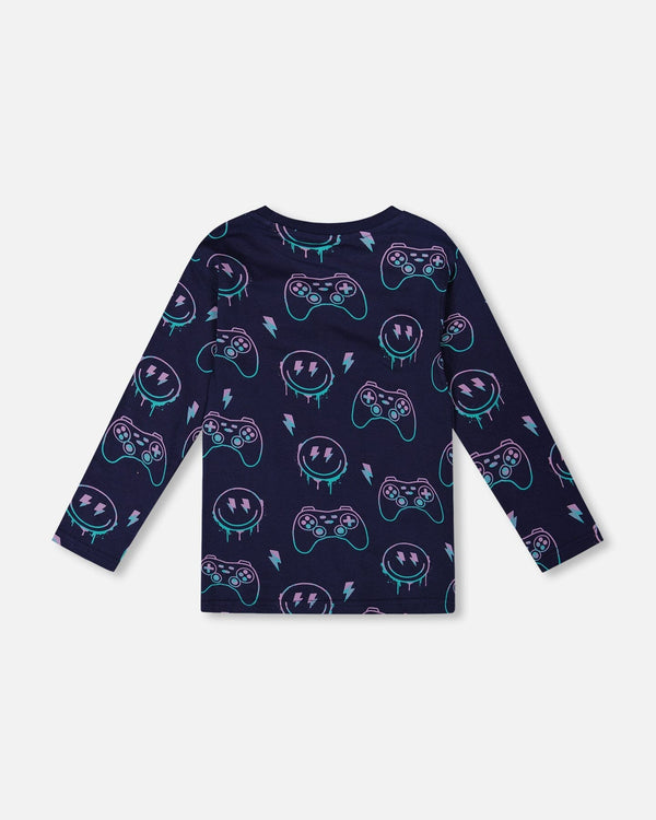 Long Sleeve Organic Cotton Allover Print Tee Navy Blue - H20U71_481