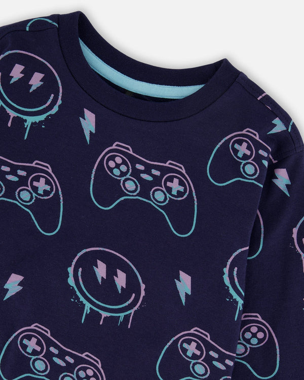 Long Sleeve Organic Cotton Allover Print Tee Navy Blue - H20U71_481