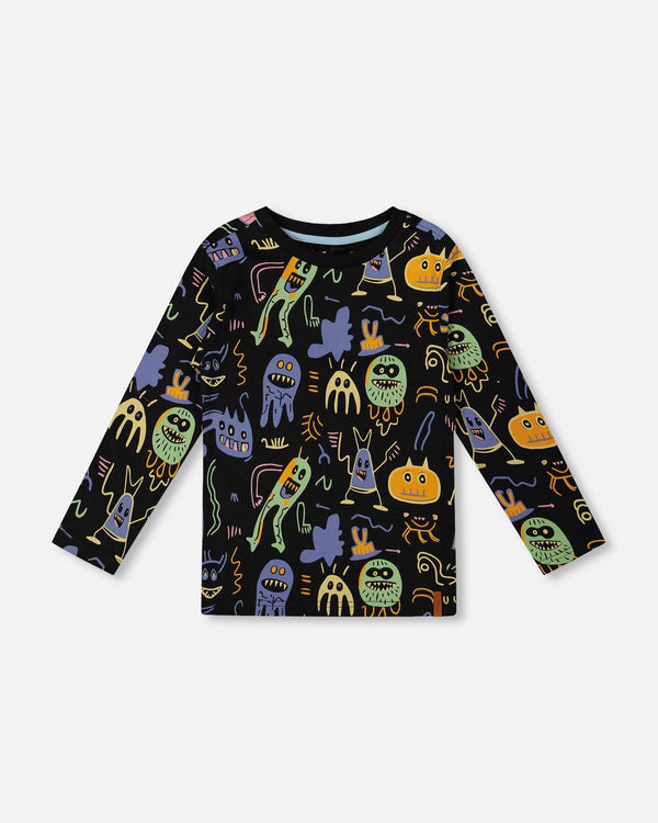 Long Sleeve Organic Cotton Allover Monsters Print Tee - H20U71_998