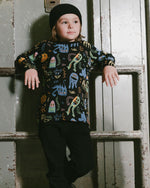 Long Sleeve Organic Cotton Allover Monsters Print Tee - H20U71_998