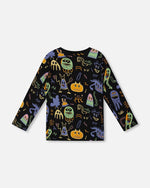 Long Sleeve Organic Cotton Allover Monsters Print Tee - H20U71_998