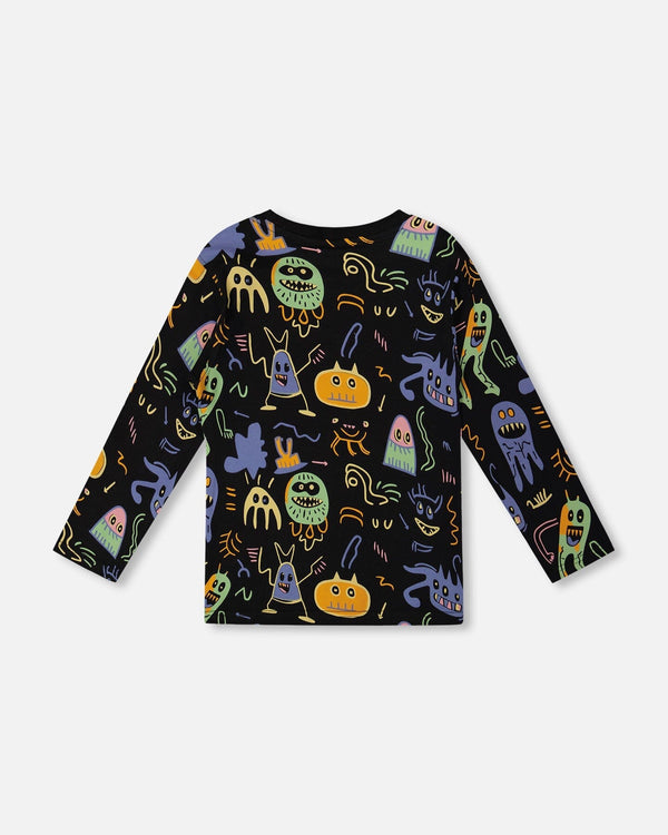 Long Sleeve Organic Cotton Allover Monsters Print Tee - H20U71_998
