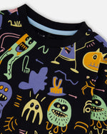 Long Sleeve Organic Cotton Allover Monsters Print Tee - H20U71_998