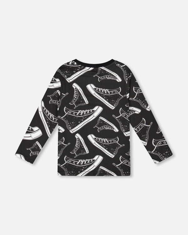 Long Sleeve Organic Cotton Allover Print Tee Black - H20U71_999