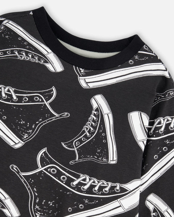 Long Sleeve Organic Cotton Allover Print Tee Black - H20U71_999