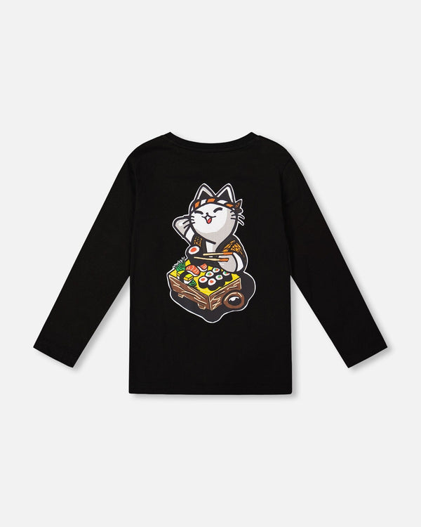 Long Sleeve Jersey Tee Shirt Black With Print Back & Front - H20U73_999