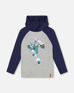 Organic Cotton Jersey Hooded Raglan Sleeve Tee Navy Blue - H20U75_481