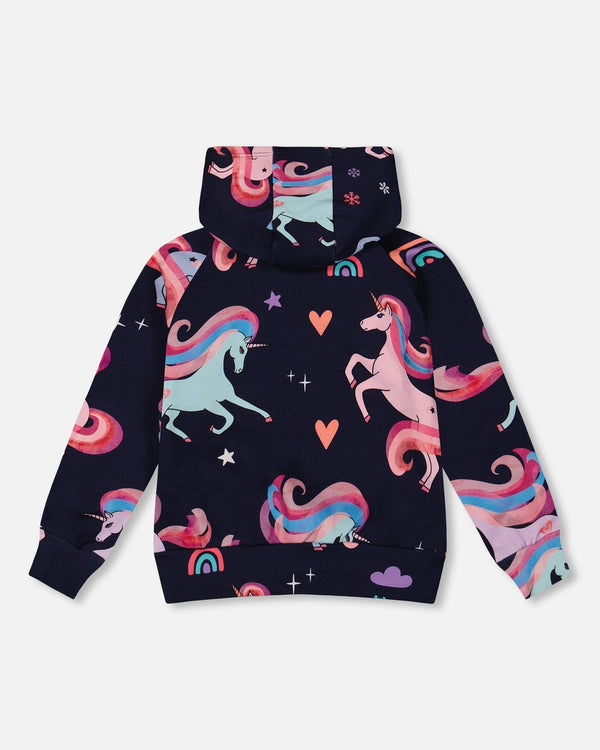 Pullover Fleece Hoodie Navy Unicorn Print - H20Z30_037