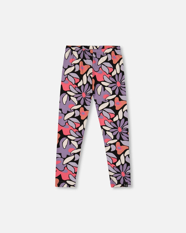Stretch Jersey Leggings Black Retro Flower Print - H20Z61_013