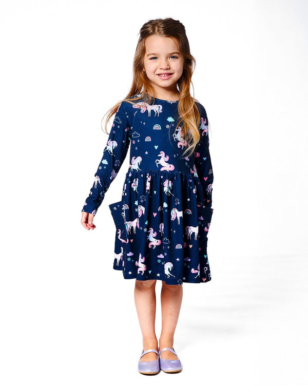 Jersey Dress With Pockets Navy Unicorn Print - H20Z85_037