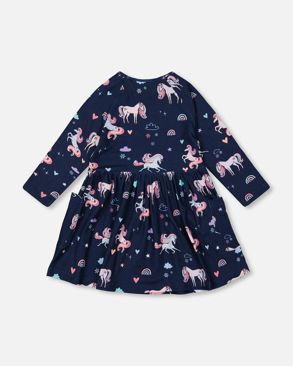 Jersey Dress With Pockets Navy Unicorn Print - H20Z85_037