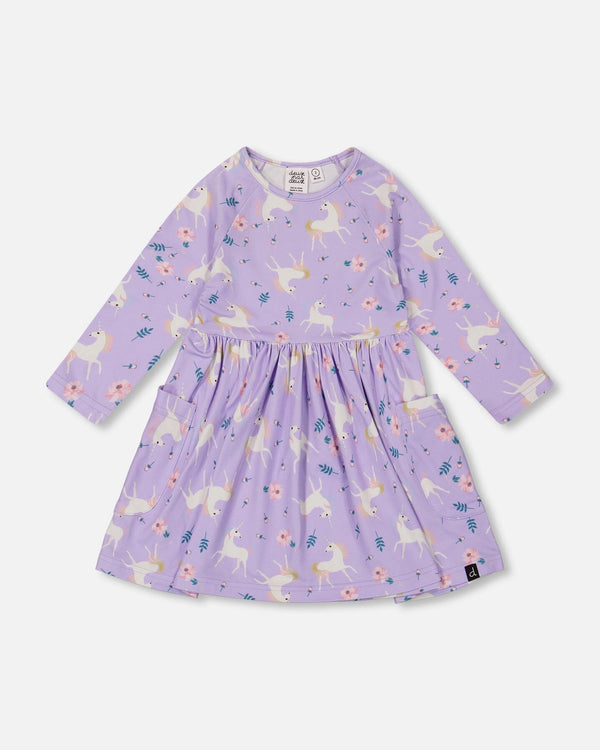 Jersey Dress With Pockets Lilac Unicorn Print - H20Z85_072