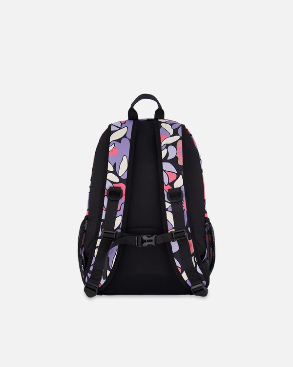Kids Backpack Black Retro Flower Print - H20ZSD_013