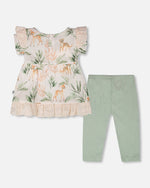 Muslin Tunic And Pointelle Leggings Set Peach Deer Print & Green - H30A10_3H057