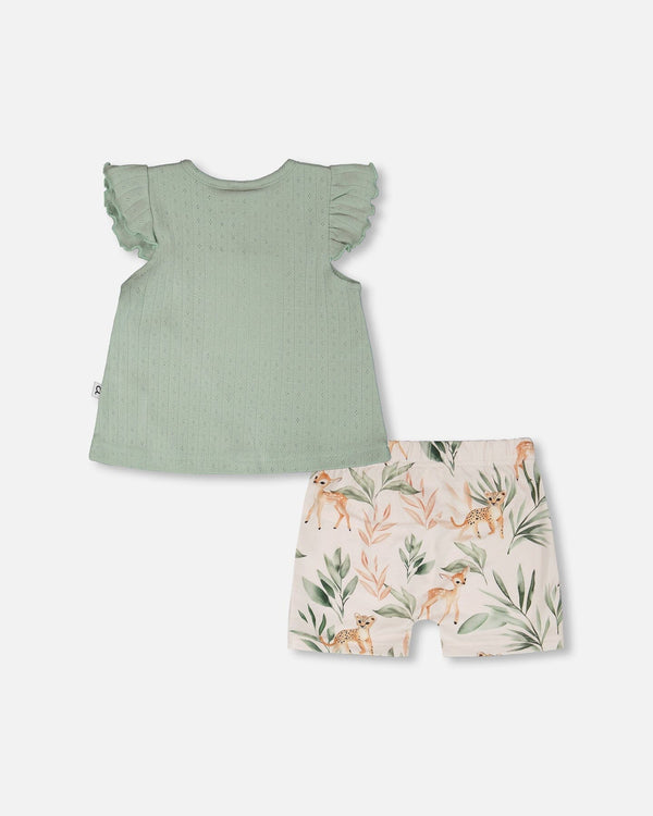 Pointelle Top And Organic Cotton Jersey Short Set Green And Peach Deer Print - H30A12_03009