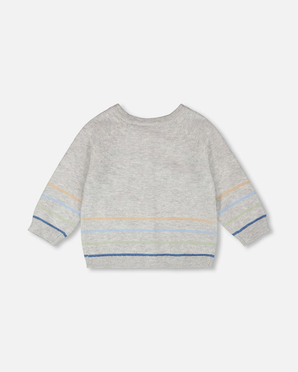 Cotton Knit Striped Button Front Cardigan Light Heather Grey - H30BT31_01910