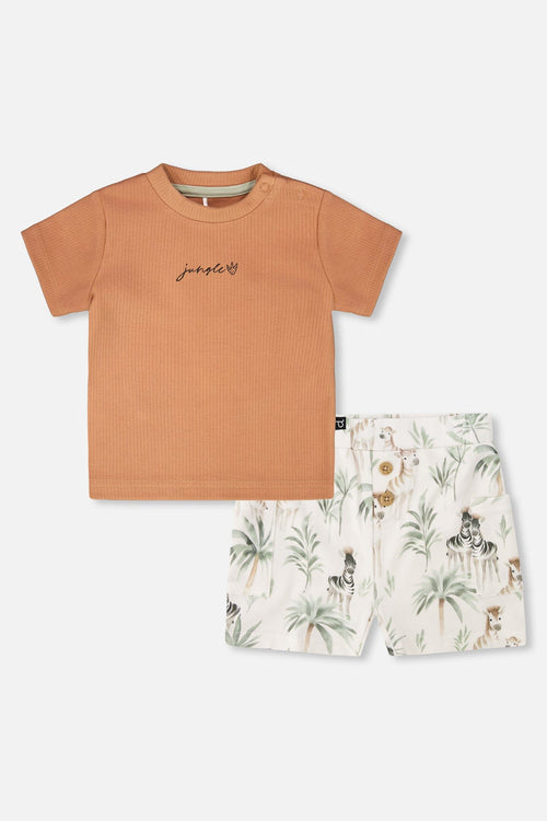 Cotton Rib Jersey T-Shirt And Organic Cotton Jersey Short Set Caramel And Beige Zebra Print Sets Deux par Deux