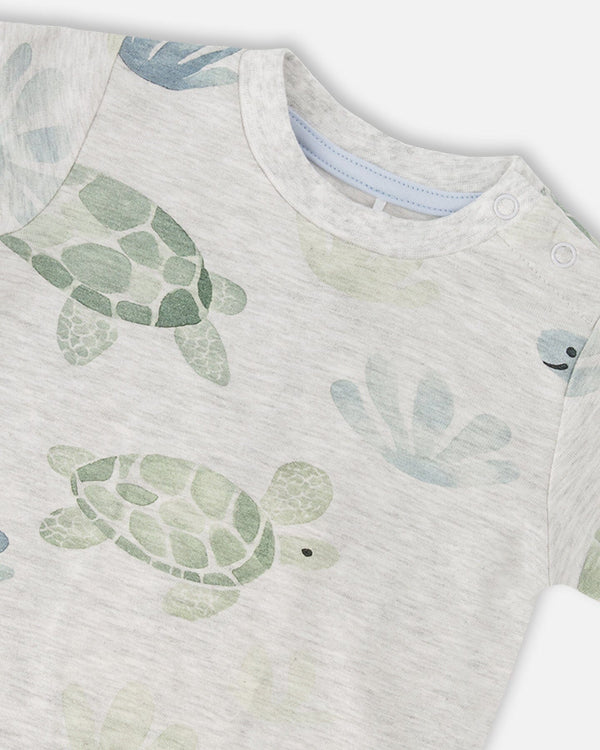 Jersey T-Shirt And Organic Cotton Jersey Shorts Set Grey Mix Turtle Print And Medium Blue - H30D13_3H060