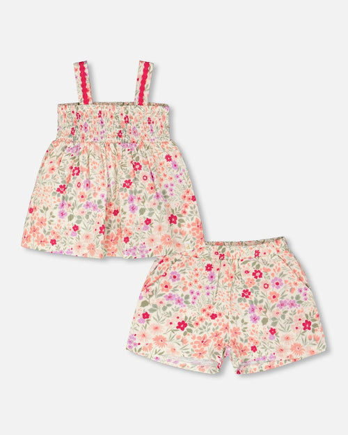 Tank Top With Smocking And Shorts Set In Muslin Off White Printed Flowers - H30F10_3H050