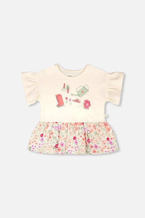 Organic Cotton Bi-Material Tunic Beige Flowers Print - H30F71_01070