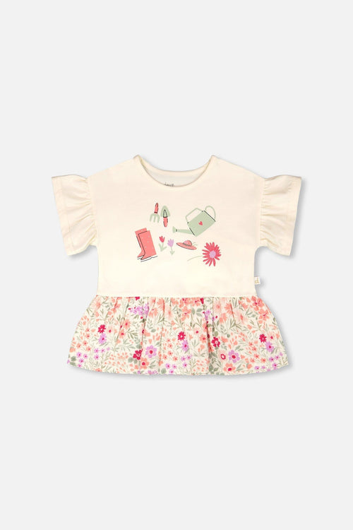Organic Cotton Bi-Material Tunic Beige Flowers Print - H30F71_01070