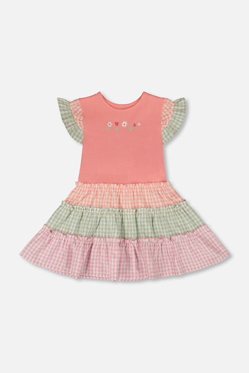 Organic Cotton Bi-Material Dress Coral And Gingham - H30F85_06860