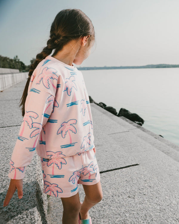 French Terry Shorts Light Pink Palm Print - H30G26_3H112