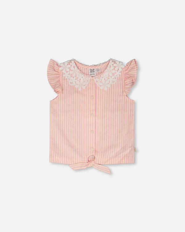 Sleeveless Shirt Pink And Yellow Stripes With Crochet Collar Tees & Tops Deux par Deux