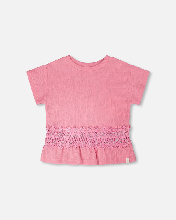 Crinkle Jersey Long T-Shirt With Crochet Insert Pink - H30I71_06240