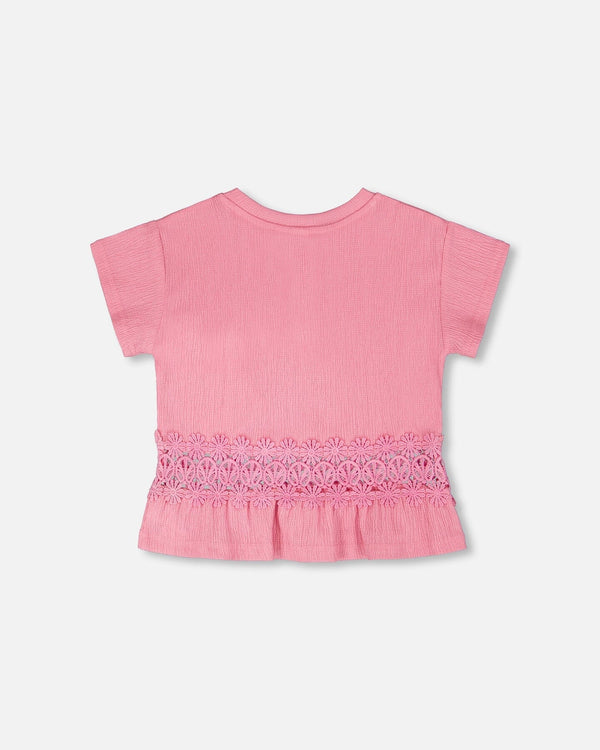 Crinkle Jersey Long T-Shirt With Crochet Insert Pink - H30I71_06240