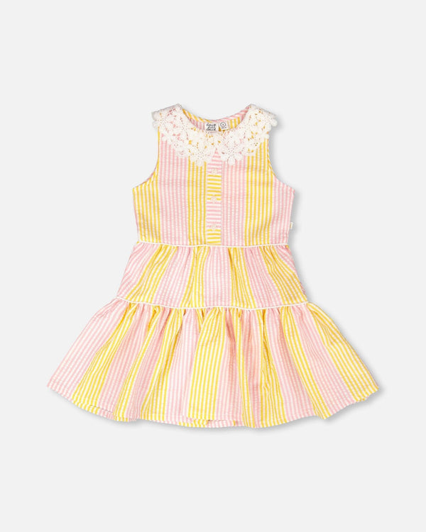 Sleeveless Dress With Crochet Peter Pan Collar Pink And Yellow Stripes - H30I85A_3H137