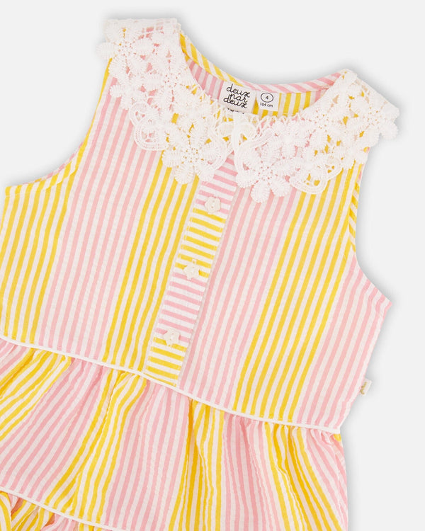 Sleeveless Dress With Crochet Peter Pan Collar Pink And Yellow Stripes - H30I85A_3H137