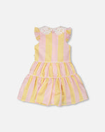 Sleeveless Dress With Crochet Peter Pan Collar Pink And Yellow Stripes - H30I85_3H137