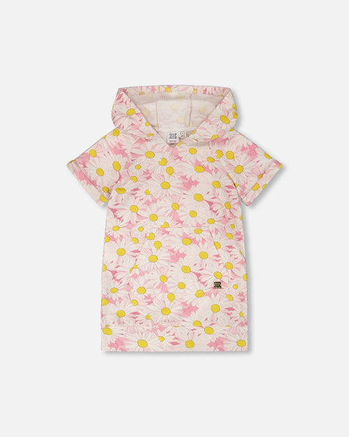 French Terry Hooded Dress Pink Printed Daisies - H30I86_3H136