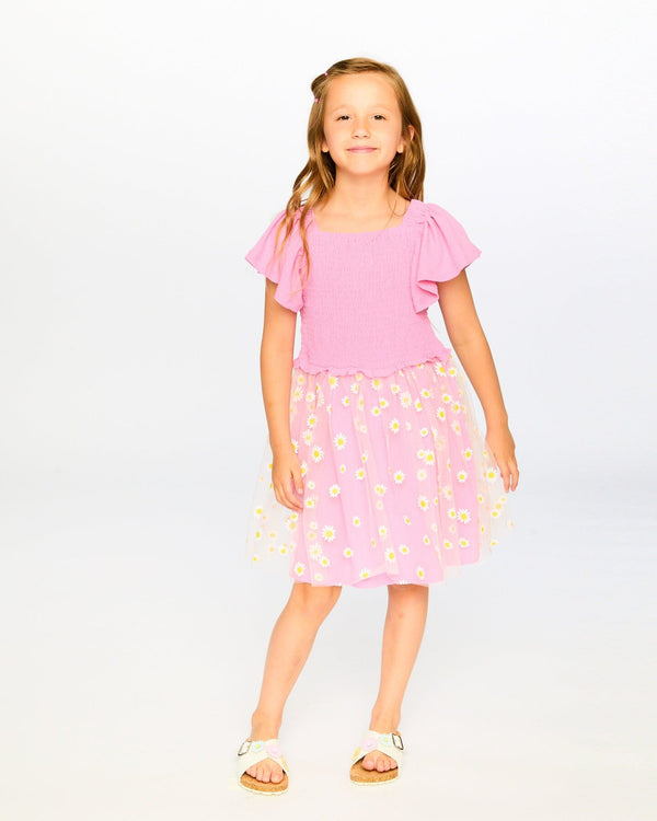Mesh And Crinkle Jersey Dress With Smocking Pink - H30I87_06240