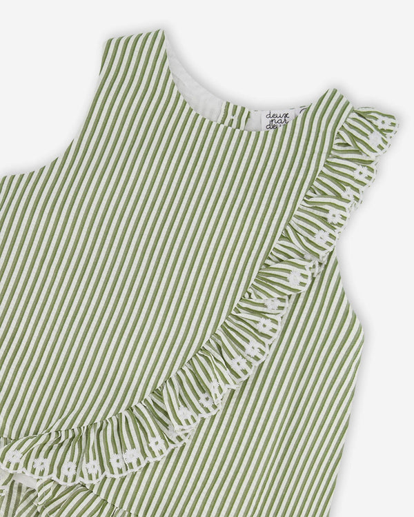 Top Green & Off White Stripes With Embroidered Ruffle - H30K15_3H127