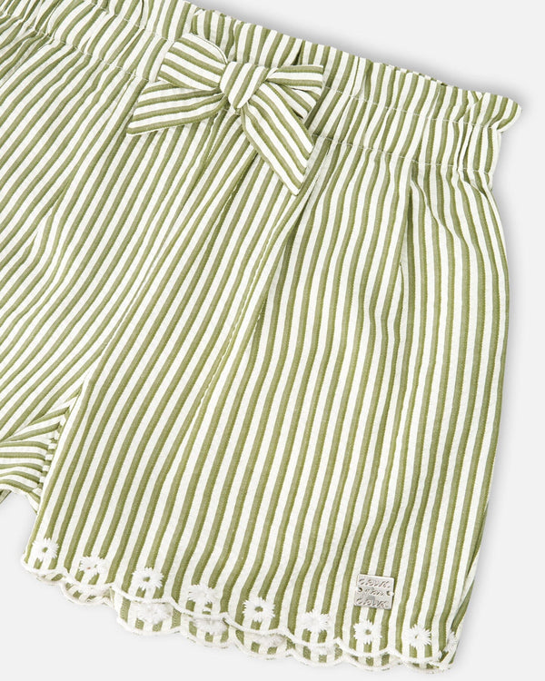 Shorts Green And Off White Stripes With Embroidery - H30K29_3H127