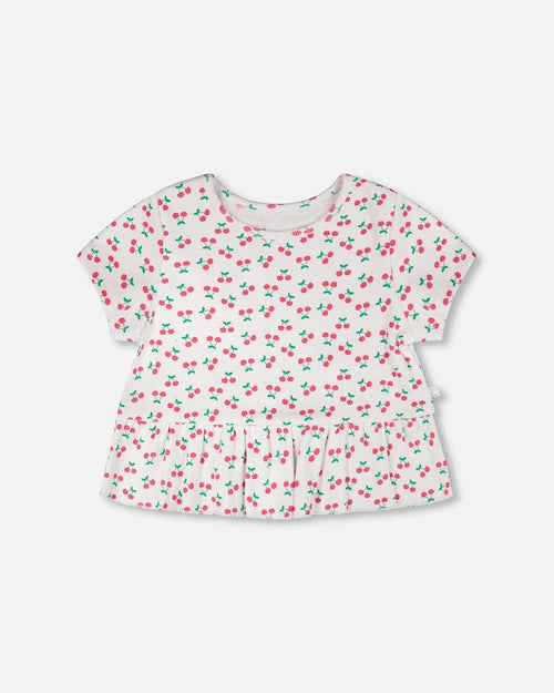 Rib Crop T-Shirt With Frill White Printed Cheeries - H30L71_3H142