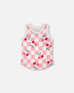 Organic Cotton Jersey Tank Top Pink Printed Cherries - H30L72_3H140