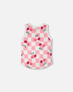 Organic Cotton Jersey Tank Top Pink Printed Cherries - H30L72_3H140