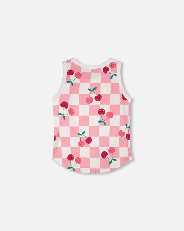 Organic Cotton Jersey Tank Top Pink Printed Cherries - H30L72_3H140