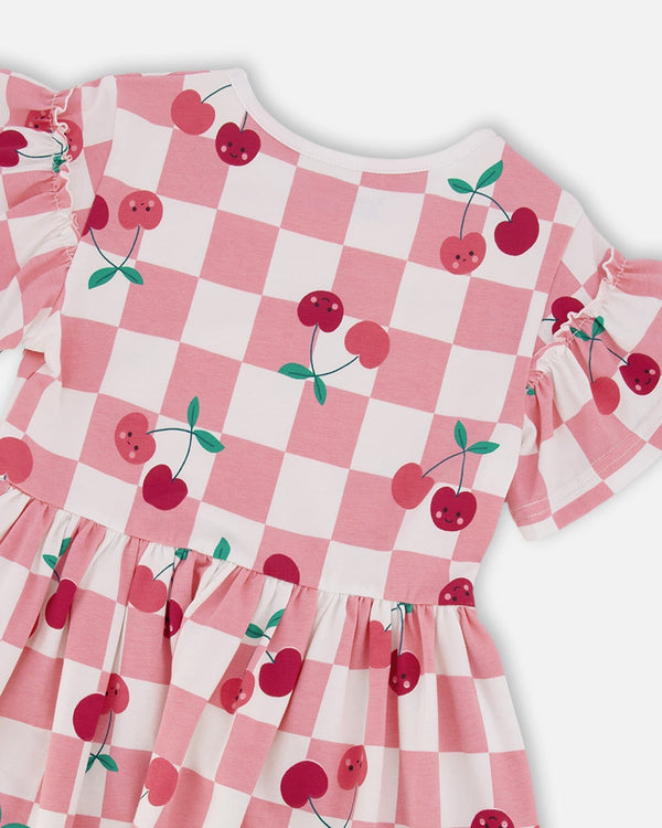 Organic Cotton Jersey Dress Pink Printed Cherries - H30L85_3H140