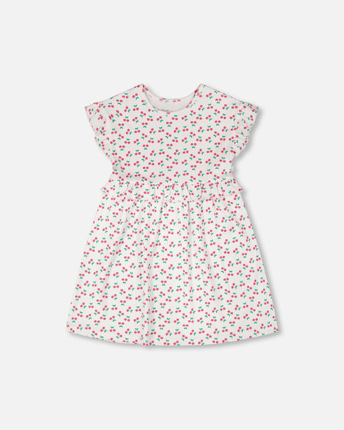 Cotton Rib Dress White Printed Cherries - H30L87_3H142