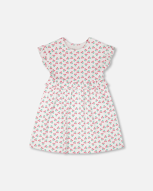 Cotton Rib Dress White Printed Cherries - H30L87_3H142