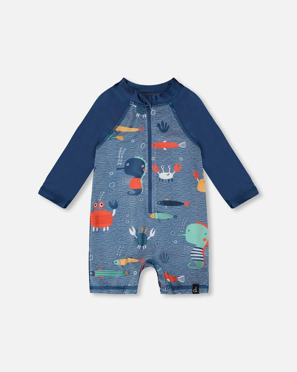 Baby And Toddler One-Piece Long Sleeve Rashguard Blue Printed Marine Animals - H30OB16_3H158